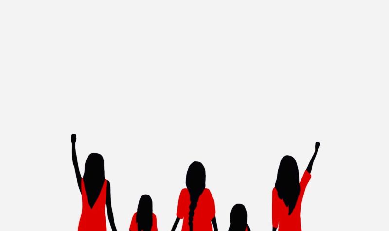 A red, black and white matriarchs in training logo showing three women and two girls holding hands