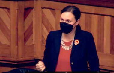 A woman with dark hair wearing a black face mask, a black jacket and a reddish-orange top with a necklace and a brooch gestures as she speaks in a wood panelled room.