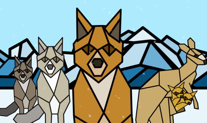 Un chacal orange illustré au centre avec deux coyotes gris et brun à gauche et un kangourou à droite.