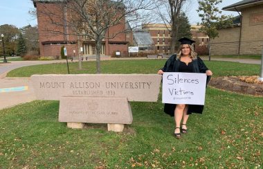 Michelle Roy calls out Mount Allison’s handling of sexual assaults in this photo posted on social media this weekend. Her posts garnered thousands of responses. Photo: Facebook