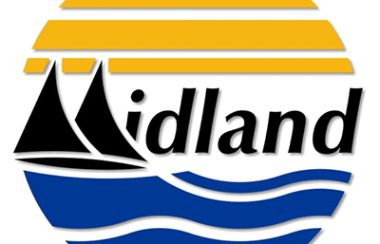 Logo de la ville de Midland, l'eau en bleu, le nom en noir et le ciel en jaune