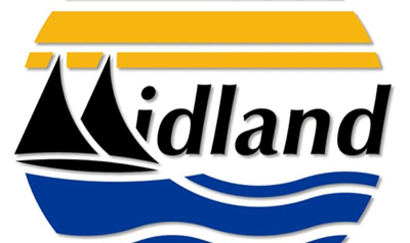 Logo de la ville de Midland, l'eau en bleu, le nom en noir et le ciel en jaune