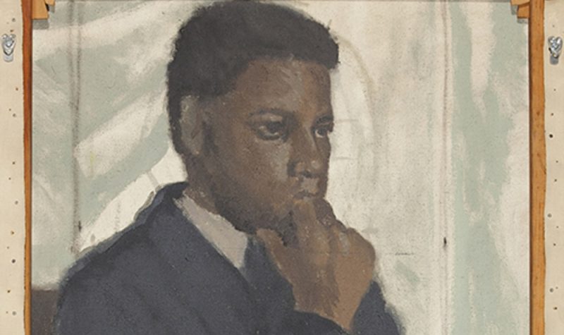 A painting of a Black man with his hand on his chin.