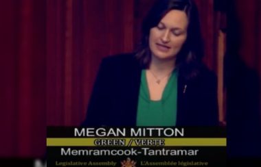 A woman with long brown hair, wearing a green shirt and dark-coloured jacket is shown against a backdrop of wood panelling. Graphics on the lower third of the screenshot identify her as a Green Party MLA.