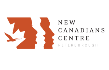 A logo in red and white, showing 3 faces, a bird, and part of the Canadian Flag. 'New Canadians Centre Peterborough' is written.