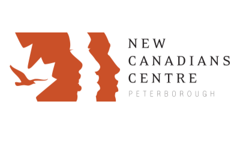 A logo in red and white, showing 3 faces, a bird, and part of the Canadian Flag. 'New Canadians Centre Peterborough' is written.