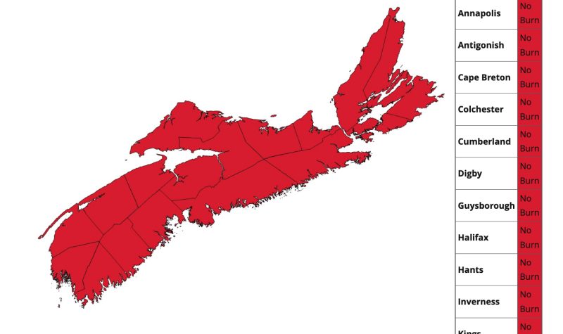 A map of Nova Scotia shows the whole province in a red, no burning zone
