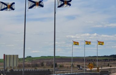 Three Nova Scotia flags on poles in foreground, and three New Brunswick flags on poles in the background, along a highway.