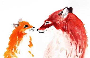 a painting of a mother fox and baby fox looking at each other in water colours