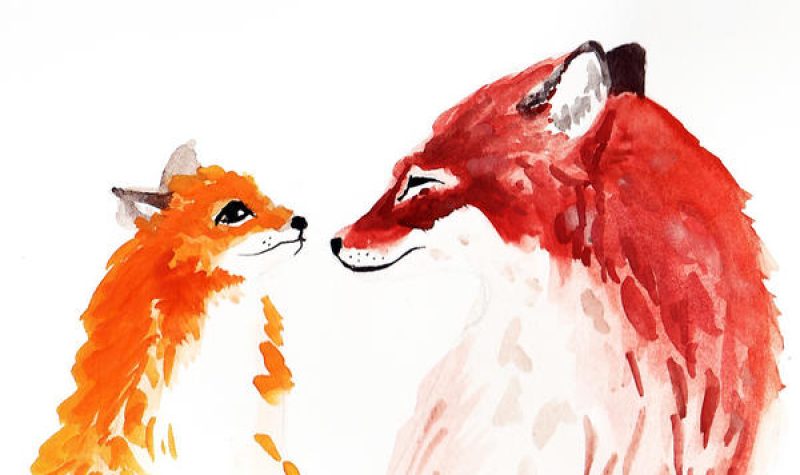 a painting of a mother fox and baby fox looking at each other in water colours