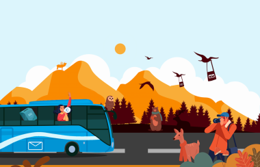 A graphic of a blue intercity bus with a person poking out the window holding a megaphone. Animals and birds surround, with some birds carrying mail bags.