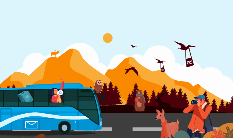 A graphic of a blue intercity bus with a person poking out the window holding a megaphone. Animals and birds surround, with some birds carrying mail bags.