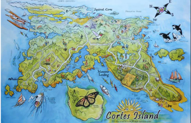 A hand drawn map shows Cortes Island points of interest and access.