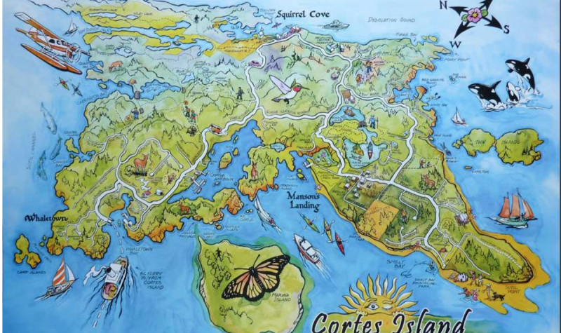 A hand drawn map shows Cortes Island points of interest and access.