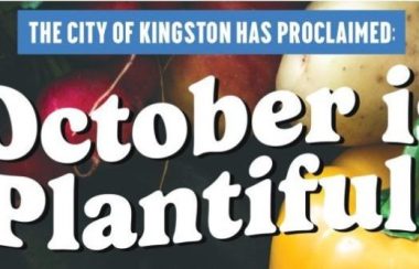 Colourful vegetable are the backdrop, and writtin in white text is 'the city of kingston has proclaimed: October is Plantiful'