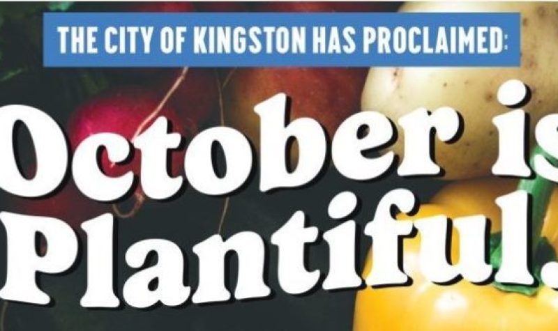 Colourful vegetable are the backdrop, and writtin in white text is 'the city of kingston has proclaimed: October is Plantiful'