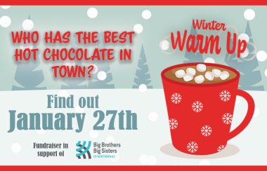 A poster for the Warm it up event, featuring a steamy cup of hot chocolate with marshmallows.