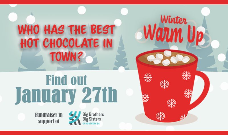 A poster for the Warm it up event, featuring a steamy cup of hot chocolate with marshmallows.