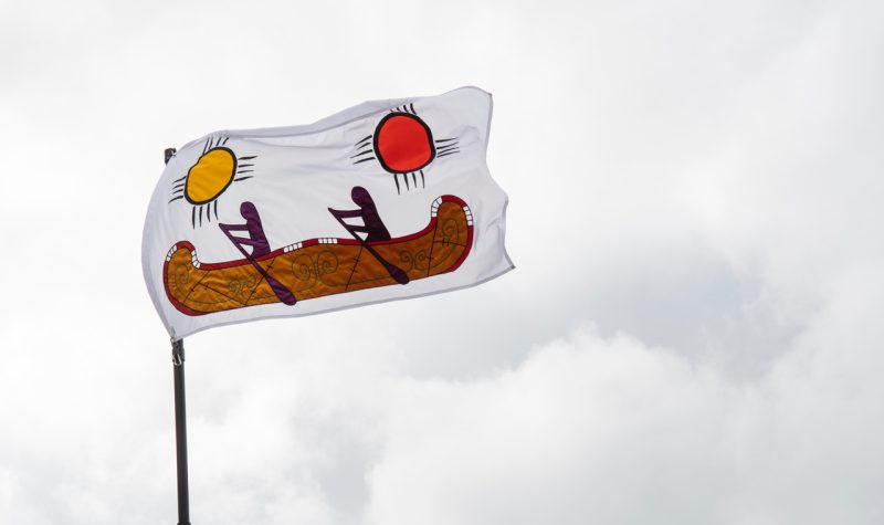 Wabanaki/People of the Dawn flag by Pauline Young, which was unveiled at the Owens Art Gallery on the Mount Allison University campus on Sept. 30. The flag flies over the Gallery and is also part of the Gallery’s permanent collection. Photo: Mathieu Léger