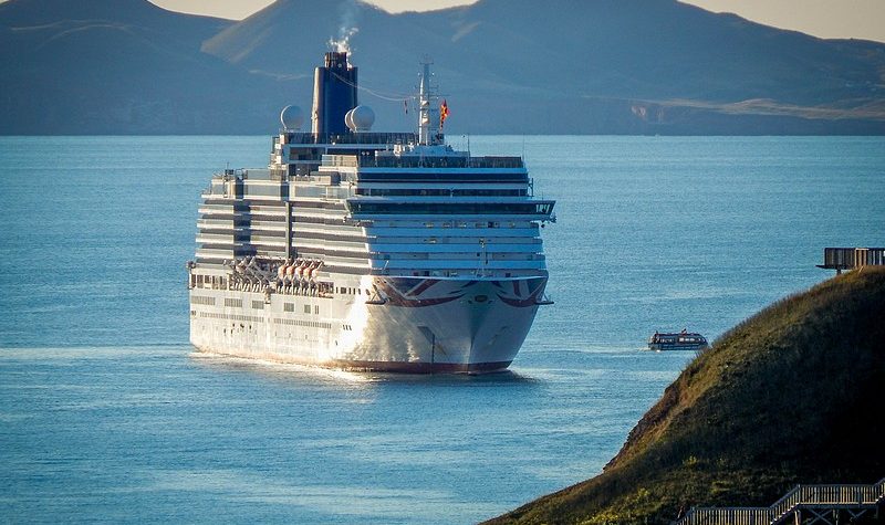 A photo of an international cruise ship anchored near the Magdalen Islands