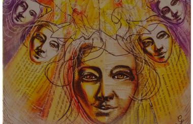 dessin de visages de femmes à dominante de jaune, orange et violet.