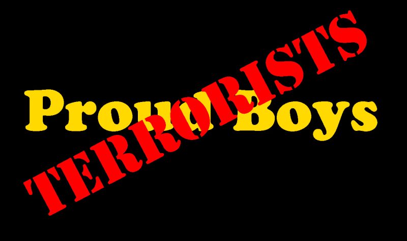 Black background with the words Proud Boys and the word terrorists stamped over top of it