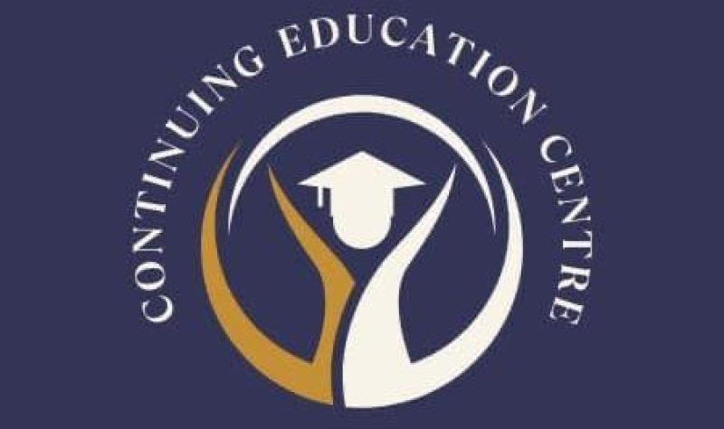 The logo of the Pontiac Continuing Education Centre, with a white graduate logo on a blue background.