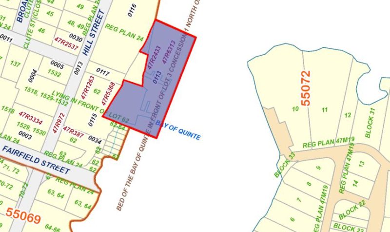 A snapshot of a map of Picton Bay's segmented (in light yellow) land parcels with their associated alpha-numeric codes in different colours.