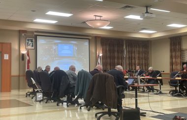 A picture of a long table and black office chairs (on rollers) filled with people. To the left is a large screen showing a presentation. It is flanked by flags and a picture of the previous monarch. To the right are windows and curtains. Lights, a presentation projector, and ceiling tiles cover the space above.