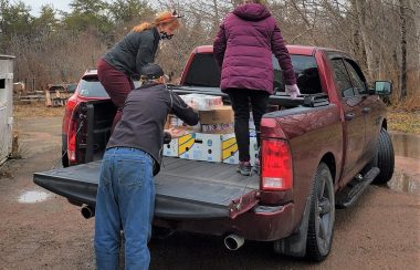 Three people unload boxes from a red pick up truck outside.