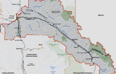 The image shows the boundaries for the electoral district of Prince George - Valemount.