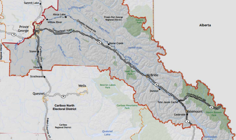 The image shows the boundaries for the electoral district of Prince George - Valemount.