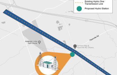 A map provided by Hydro Ottawa shows the location of the planned new transformer along Piperville Road, showed in navy blue, where it meets Farmers Way, shown in white An orange circle shows a magnified image of a small building with transmission towers on either side.