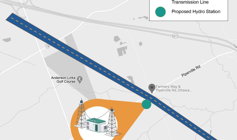 A map provided by Hydro Ottawa shows the location of the planned new transformer along Piperville Road, showed in navy blue, where it meets Farmers Way, shown in white An orange circle shows a magnified image of a small building with transmission towers on either side.