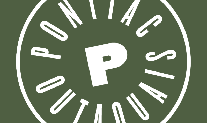 A white circular logo on a moss green background. In the centre of the circle is a capital P, encircled by the words Pontiac Outaouais