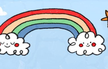 An illustration of two clouds smiling with a rainbow between them.