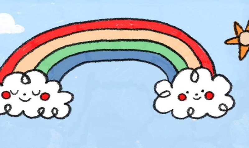 An illustration of two clouds smiling with a rainbow between them.
