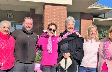 Pictured from left to right: Louise Gélinas, Walk organizer; Francis Laramée, Executive Director of the BMP Foundation; Dr. Christine Cadrin, Honorary President of the event; Ursula Kofhal Lampron, cancer survivor; Judy Henderson, YVOC President and Johanne Coiteux, Walk organizer. Photo courtesy of BMP Foundation.