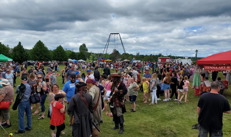 A large crowd stands in a field enjoying a festival