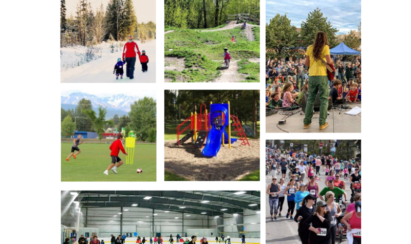 A collage of seven images consisting of varying recreation and artistic practices available in the town of Smithers. It includes cross country skiing, soccer, hockey, live music, marathons and bike trails.