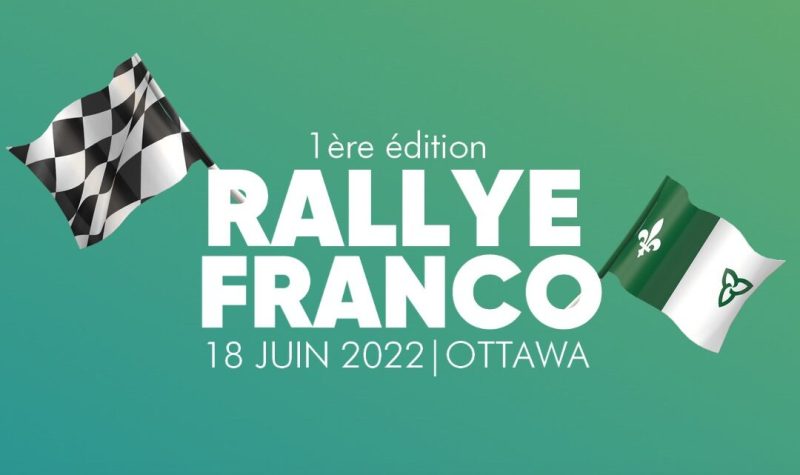 sur un fond vert, un drapeau franco-ontarien et un drapeau de rallye et écrit rallye franco en blanc