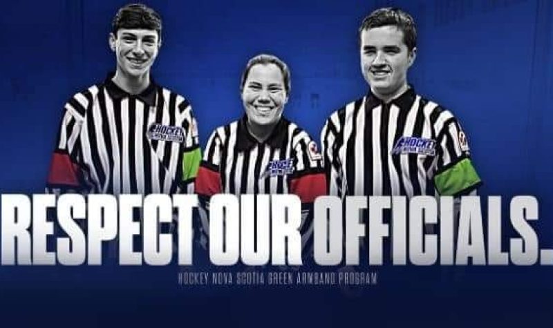 Blue poster showing three young referees in black and white photos.