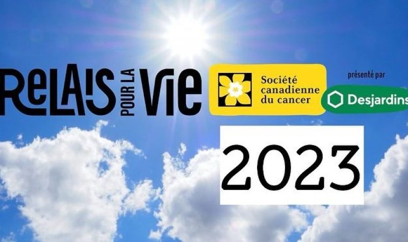 Image d’un ciel bleu avec des nuages ainsi qu’un soleil. Écrit en gras sur l’image « Relais pour la vie 2023, Société du cancer, présenté par Desjardins ».