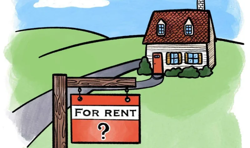 A drawing of a house with a for rent sign on the front lawn, with a question mark under the words For Rent