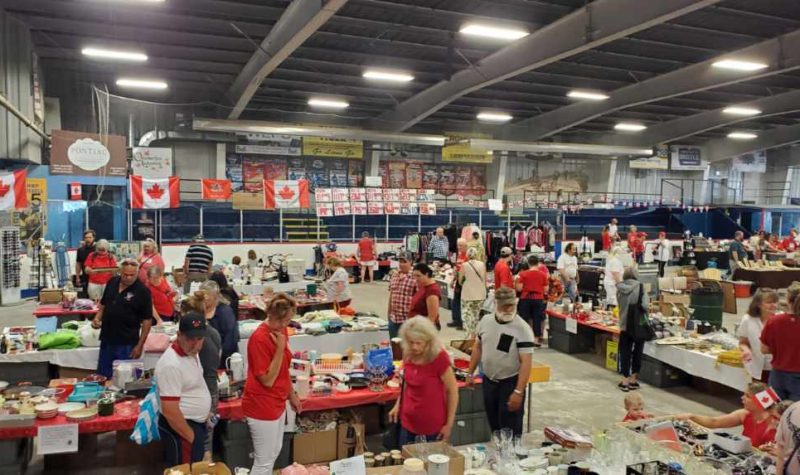 People decked out for Canada Day peruse a flea market.