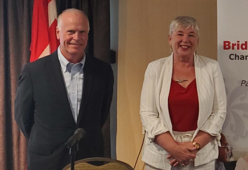 A male and female politician stand in front of a table with a microphone with a Canada flag behind them