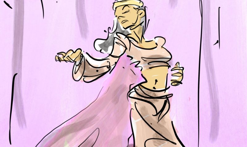 Une femme vêtue de vêtements violets et amples qui danse