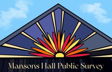 Banner announcing Mansons Hall public survey in an online graphic with an artists treatment of a peaked roof displaying a multi-coloured sunrise/sunset against a blue sky with clouds.