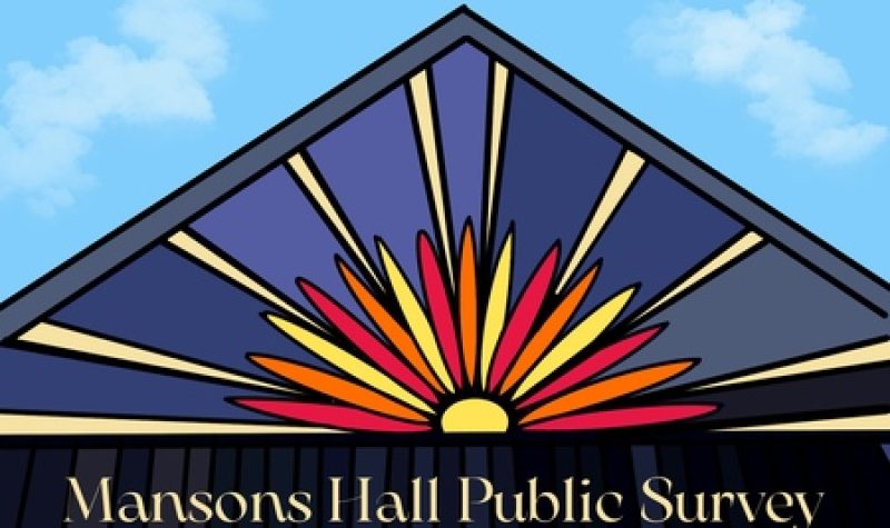 Banner announcing Mansons Hall public survey in an online graphic with an artists treatment of a peaked roof displaying a multi-coloured sunrise/sunset against a blue sky with clouds.