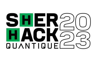 The black and white and green SherHack 2023 logo. The name is spelled out in block letters.